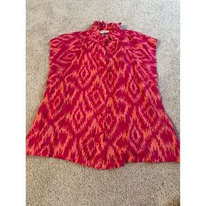 Umgee Ruffle Neck Top‎ Pink Orange Abstract Print Sleeveless Blouse